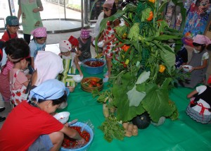 野菜タワーの前でミニトマト