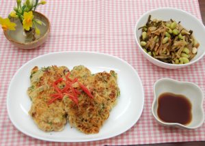 納豆とタコの赤ネギ焼き&青ダイズのひたし豆